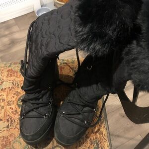 Coach Black Quilted Faux-Fur Trim Winter Rain Boots